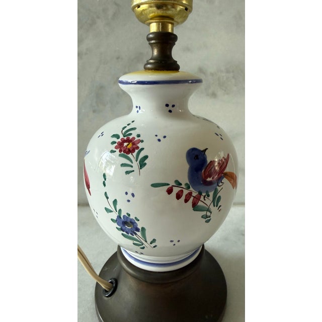 Blue Vintage Faience Small Table Lamp With Hand Painted Birds For Sale - Image 8 of 11