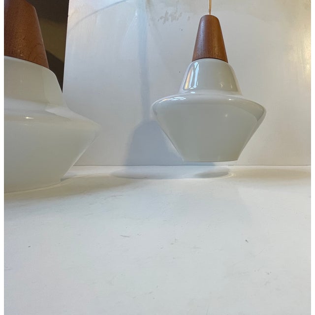 Danish Modern White Opaline Glass and Teak Pendant Lamps by Holmegaard, 1960s, Set of 2 For Sale - Image 6 of 11