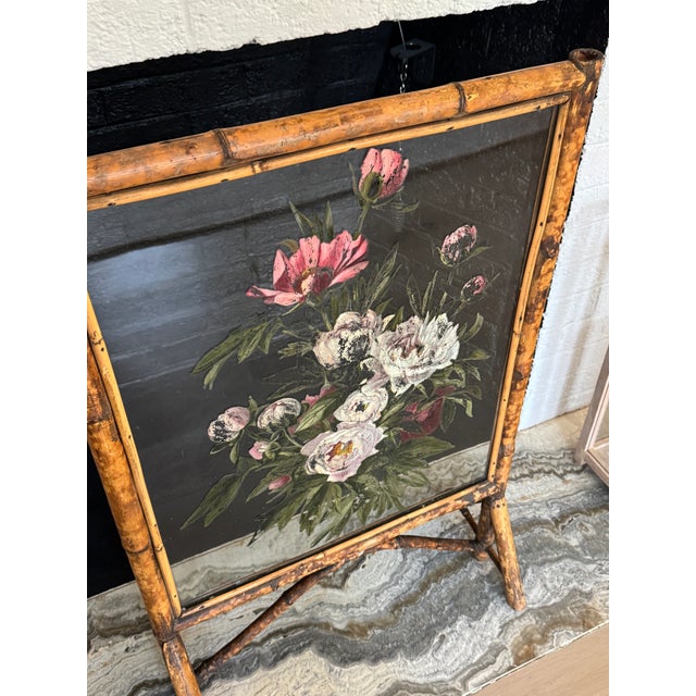 Early 20th Century Late Victorian Bamboo and Painted Glass Firescreen For Sale In New York - Image 6 of 11