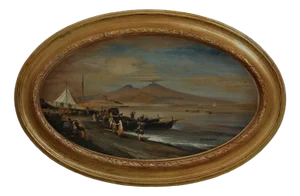 View of Naples, Posillipo School, Italy, Oil on Canvas, Framed