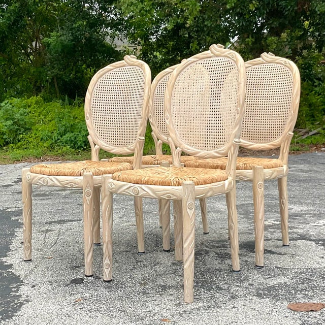 Late 20th Century Vintage Boho Carved Faux Bois Dining Chairs - Set of 4 For Sale In West Palm - Image 6 of 7
