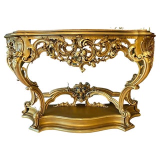 Antique French Mirror and Console Table with Italian Marble Top, Set of 2 For Sale