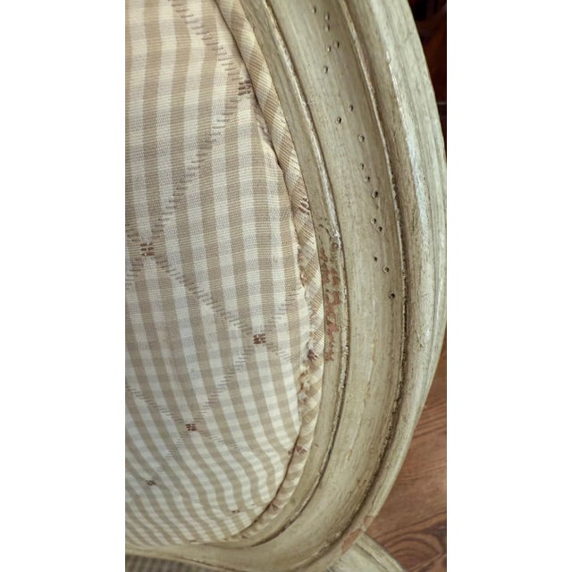 Set of 7 French Louis XVI Style Oval Back Dining Chairs – Distressed Painted Finish & Quilted Upholstery For Sale - Image 15 of 16