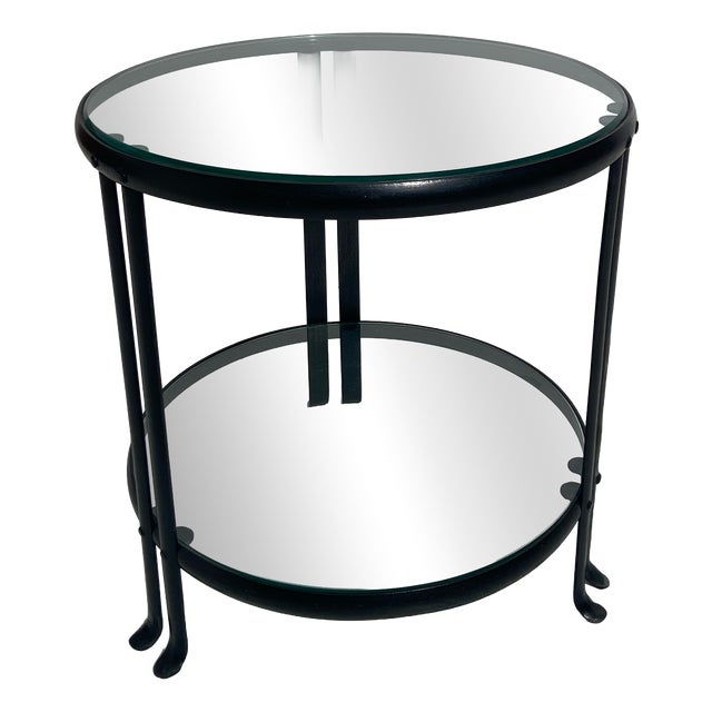 Round Wrought Iron Table with Double Glass Shelf, 1990 For Sale