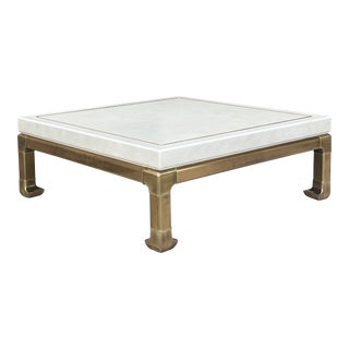 1980s Mastercraft Faux White Leather and Brass Square Ming Coffee Table For Sale
