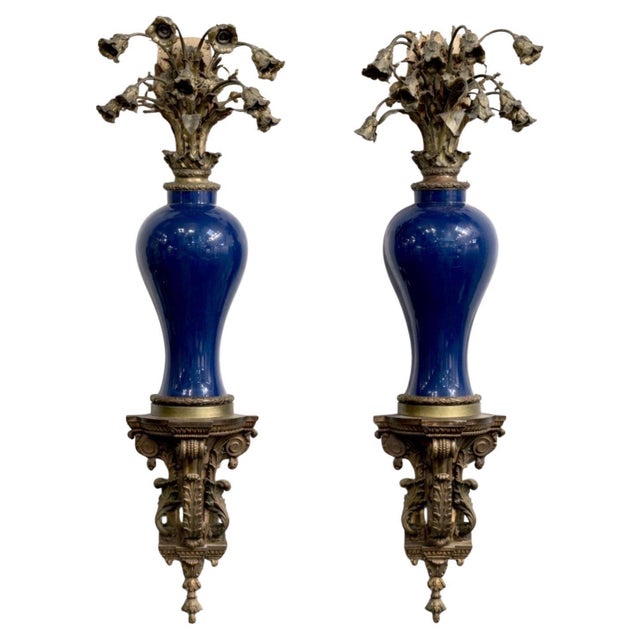 Pair Monumental French Ormolu Kangxi Powder Blue Wall Lights, Waldorf Astoria For Sale - Image 6 of 18