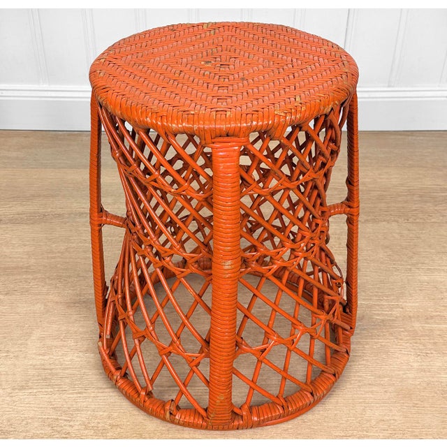 - Original 1970’s Natural Wicker Plant Stand - Aged Orange Painted Finish with Character Throughout - Woven Cane Body with...