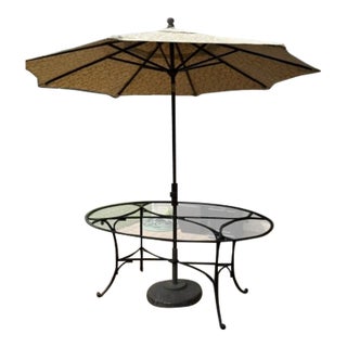 Brown Jordan Roma Table Frame and Weighted Umbrella Base With Canvas Umbrella For Sale