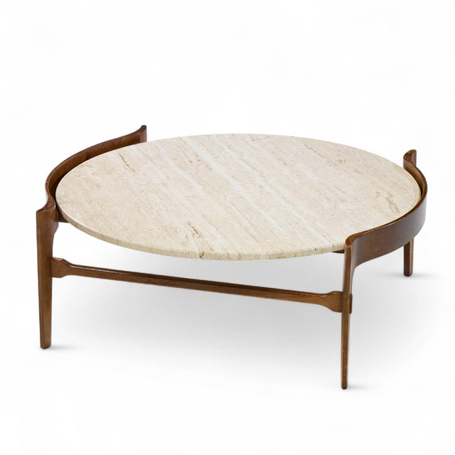 Wood Bertha Schaefer for Singer and Sons Mid Century Travertine and Walnut Coffee Table For Sale - Image 7 of 7