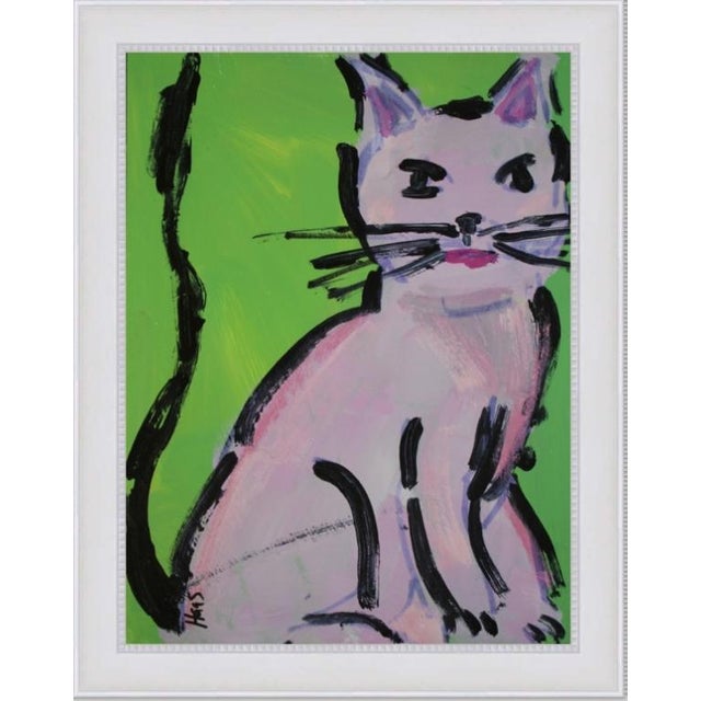 2020s Pink Cat, Contemporary Acrylic Painting Mixed Media For Sale - Image 5 of 9