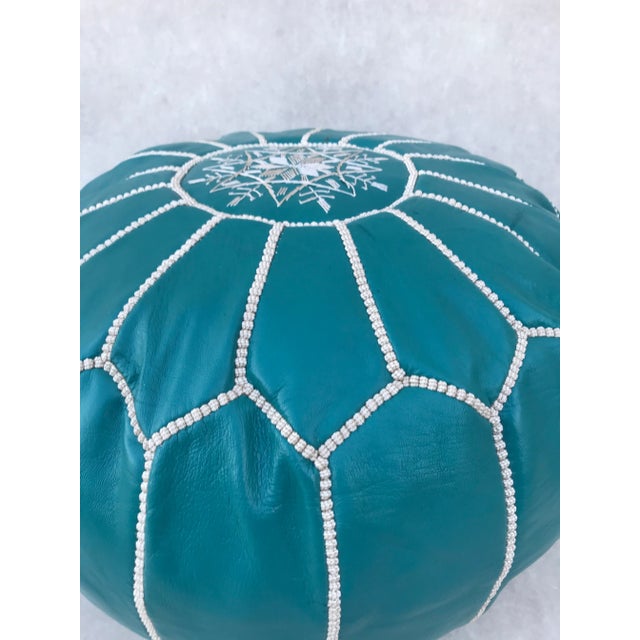 Contemporary Blue Turquoise Moroccan Leather Pouf Cover For Sale - Image 3 of 9