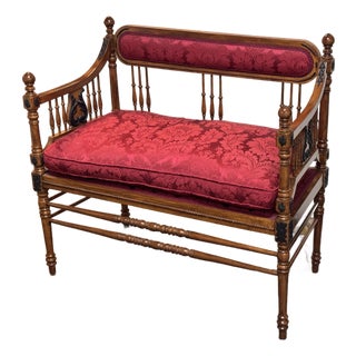 Antique Victorian Red Damask Upholstered Settee For Sale