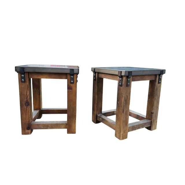 Gray Restoration Hardware Rh Reclaimed Wood & Aged Zinc Strap Side Tables – Rustic Industrial Farmhouse Accent Tables For Sale - Image 8 of 16
