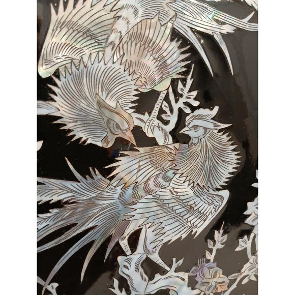 Black Exotic Asian Mother of Pearl Inlay Lacquer Art Panel Peacock Phoenix Birds Black Silver For Sale - Image 8 of 14