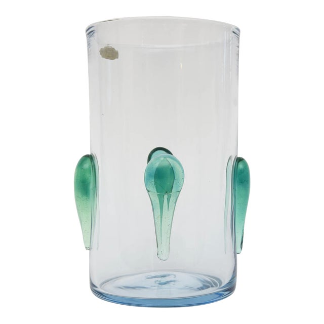 MId Century Modern 60's Blenko Glass Vase or Vessel With Glass Teardrops Turquoise Sea Green For Sale