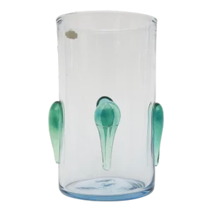 Vintage Blenko Glass Vase or Vessel With Glass Teardrops Turquoise Sea Green 1960's