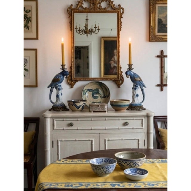 A Pair of Vintage Hollywood Regency Style Blue & White Ceramic Parrot Candle Holders For Sale - Image 12 of 12