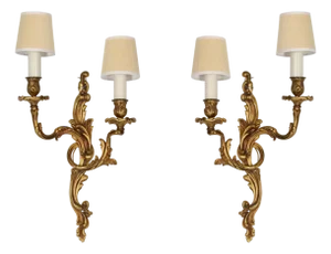 Mid 20th Century Rococo Gilt Bronze Two Arm Wall Sconces - a Pair