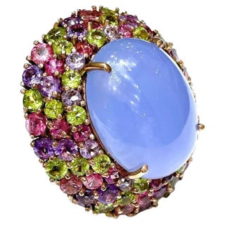 Bochic “Orient” Chalcedony & Multi Gem Cocktail Ring In 18K Gold & Silver, Size 8.5 For Sale