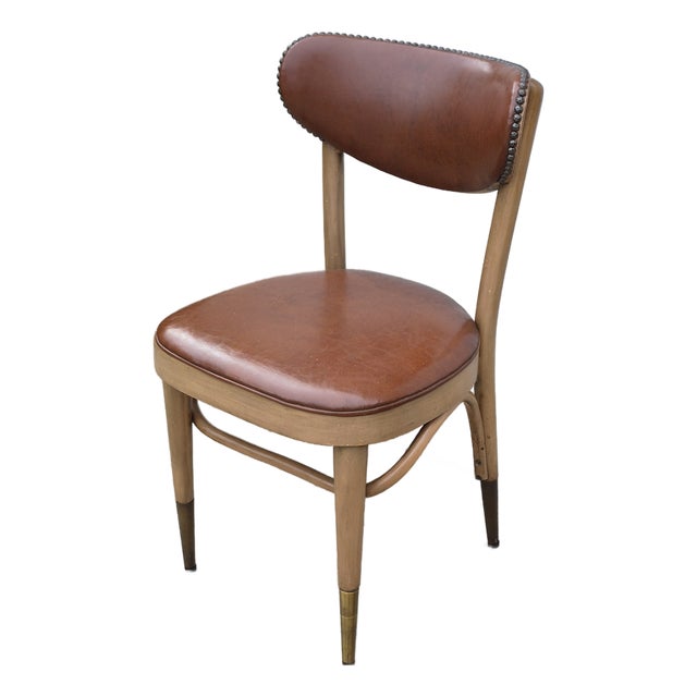 MCM Chairmasters Atomic Style Walnut & Cognac Naughahyde Side Desk Accent Chair For Sale