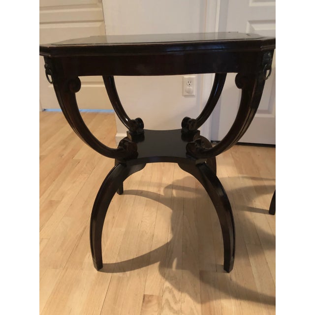 1940s Vintage 1900’s-1940’S Mahogany Green Top Brass Gold Embossed End Tables - a Pair For Sale - Image 5 of 13