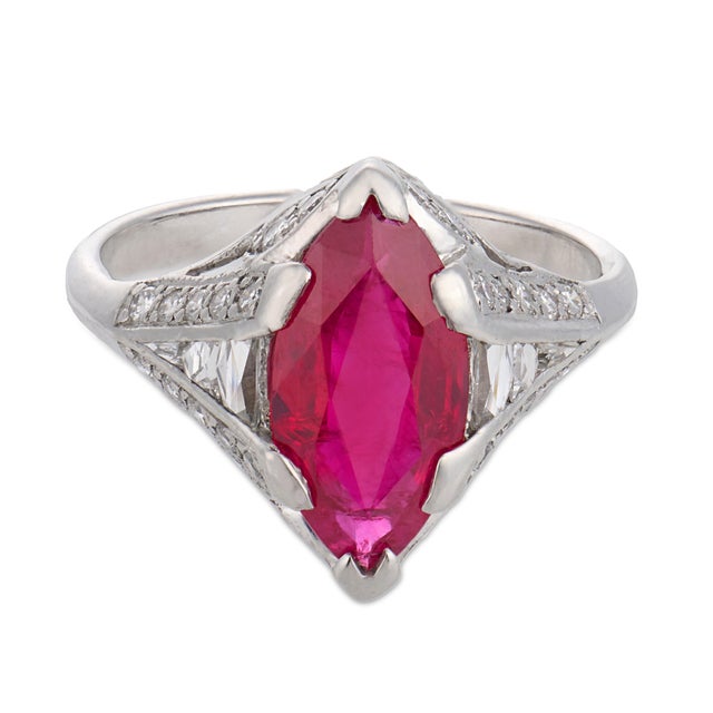 Art Deco 1930s Late Art Deco Gia 1.50 Carat Ruby Diamond Platinum Engagement Ring, Size 5 For Sale - Image 3 of 5