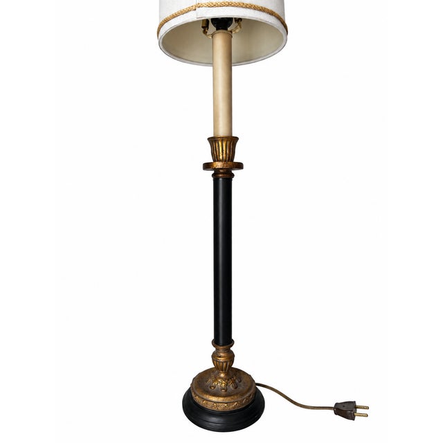 Black and Gold Neoclassical Candlestick Table Lamp With Braided-Trim Shade For Sale - Image 9 of 11