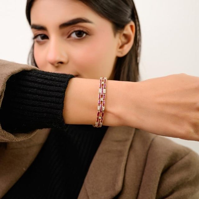 Ruby Red Greek Inspired Channel Set Ruby Diamond Vintage Link Bracelet in 14k Gold For Sale - Image 8 of 14