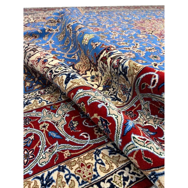 Royal Blue Light Blue Fine Hand Knotted Persian Silk & Wool Isfahan Rug For Sale - Image 8 of 12