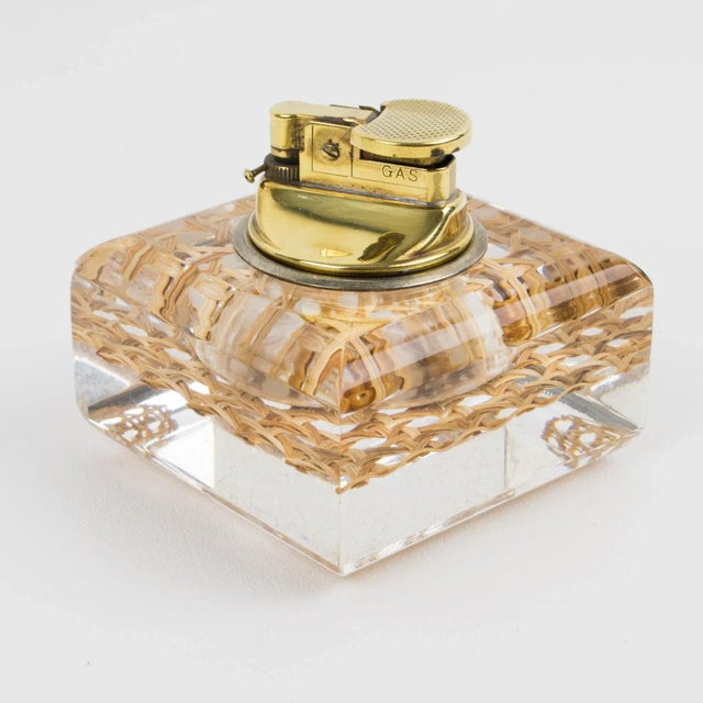 Lucite, Rattan and Brass Smoking Set Lighter and Box, 1970s For Sale - Image 9 of 13