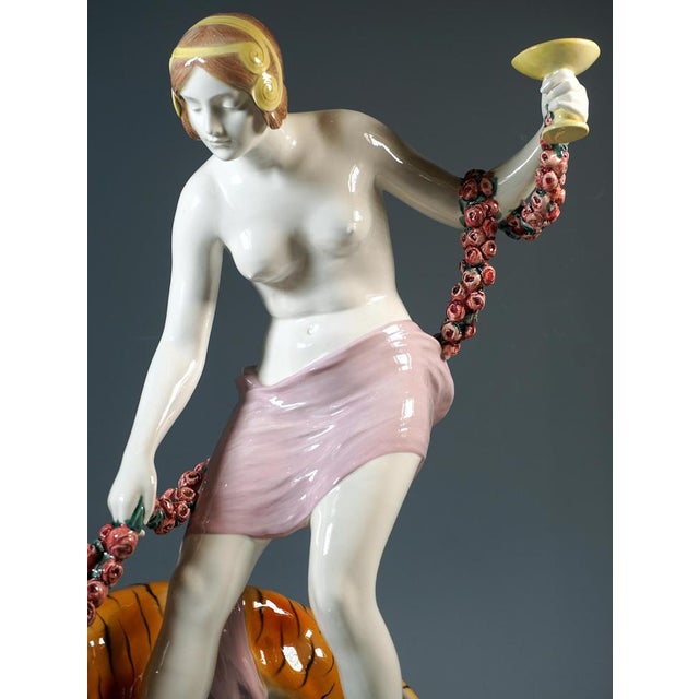 Brown Large Art Nouveau Bacchante with Tiger Figurine by Rose for Goldscheider, Vienna, Austria, 1922 For Sale - Image 8 of 12
