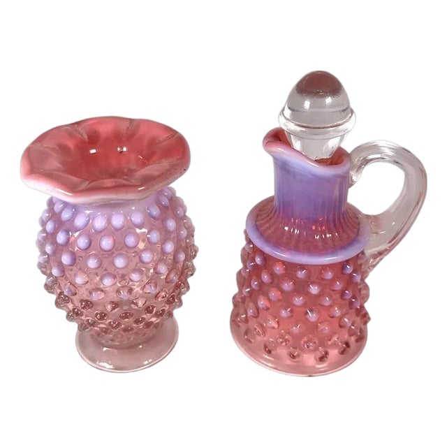 Mid 20th Century Fenton Cranberry Opalescent Hobnail Cruet & Bud Vase Set For Sale