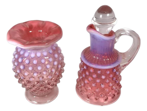 Mid 20th Century Fenton Cranberry Opalescent Hobnail Cruet & Bud Vase Set