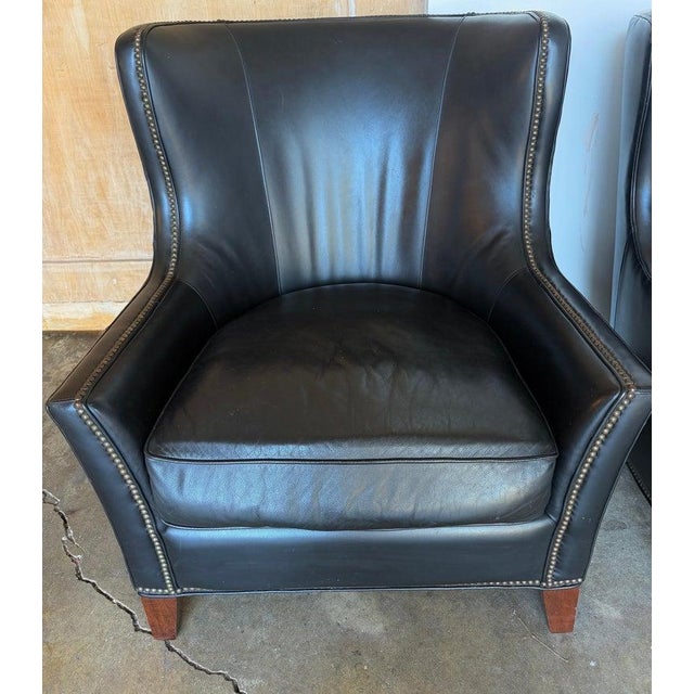 Black Pair of Thomasville Black Leather Wingback Lounge Chairs For Sale - Image 8 of 17
