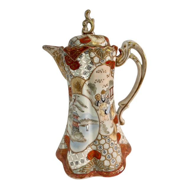 Early 1900’s Japanese Kutani Moriage Porcelain Chocolate Pot With Gilding For Sale
