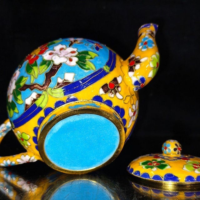 Metal Vintage Cloisonne Enamel Tea Set – 7.1" Yellow Ground Floral Teapot & 4 Cups in Box For Sale - Image 7 of 8