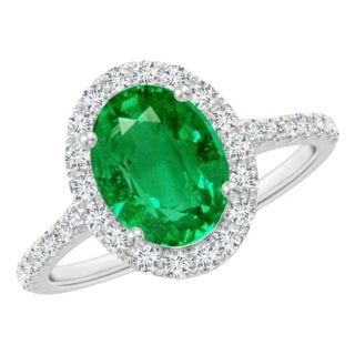 6x8mm Oval Cut Natural Emerald & 1 Ct Natural Diamond Halo Engagement Ring For Sale