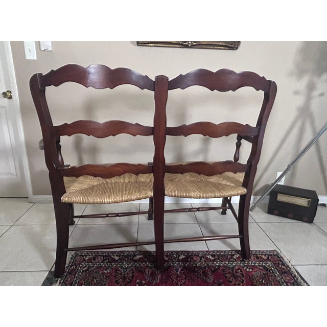 Vintage Indonesian Double Rush Seat Bench in French Country Style For Sale - Image 4 of 7