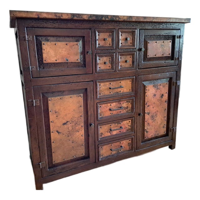 Authentic Mexican Francisco Reclaimed Wood & Hand-Hammered Copper Credenza For Sale