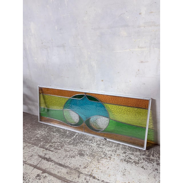 Contemporary Vintage Geometric Stained Leaded Glass Window Panel For Sale - Image 3 of 10