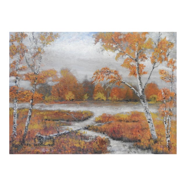 Vintage Autumn Riverside Birch Trees Landscape Painting For Sale