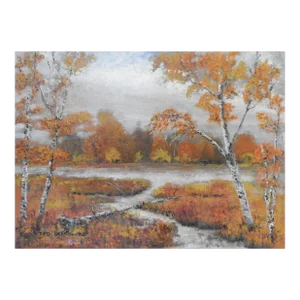 Vintage Autumn Riverside Birch Trees Landscape Painting