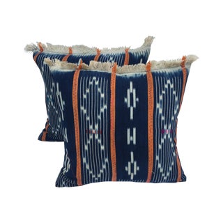 Indigo Ikat Fringe African Pillows - A Pair For Sale