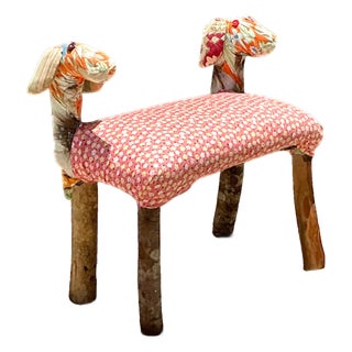 Vintage Handcrafted Textile and Wood Animal Bench For Sale