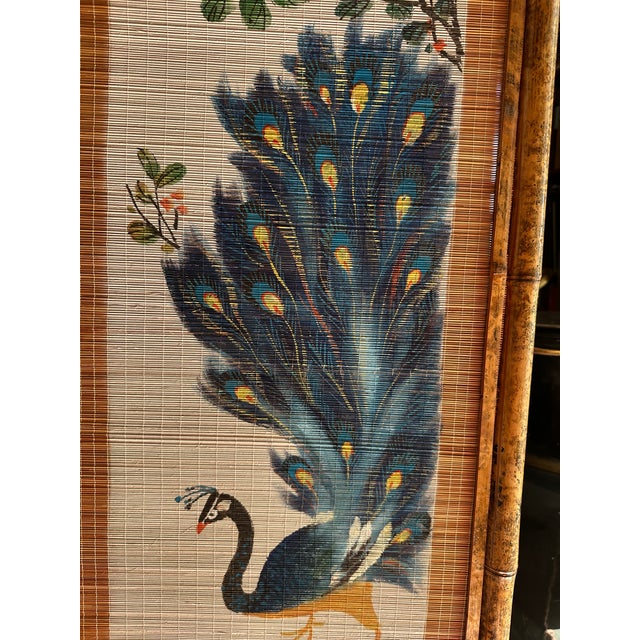 1960s Mid-Century Hand Painted Peacocks Folding Room Divider Screen Tortoise Finish Bamboo. Bohemian, Tiki, Eclectic, Asian Style. For Sale - Image 5 of 16