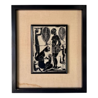 1970s Vintage African Hand-Carved Ceramic Figural Plaque - Painting For Sale