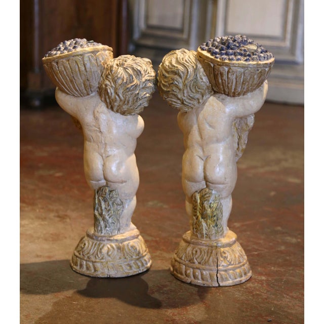 White Pair 19th Century Italian Carved Polychrome and Painted Young Bacchus Statues For Sale - Image 8 of 10