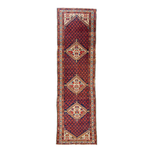 1900s Antique Botanical Figural Medallion Red Blue Beige Long Runner Early - 3’7” X 11’10”
