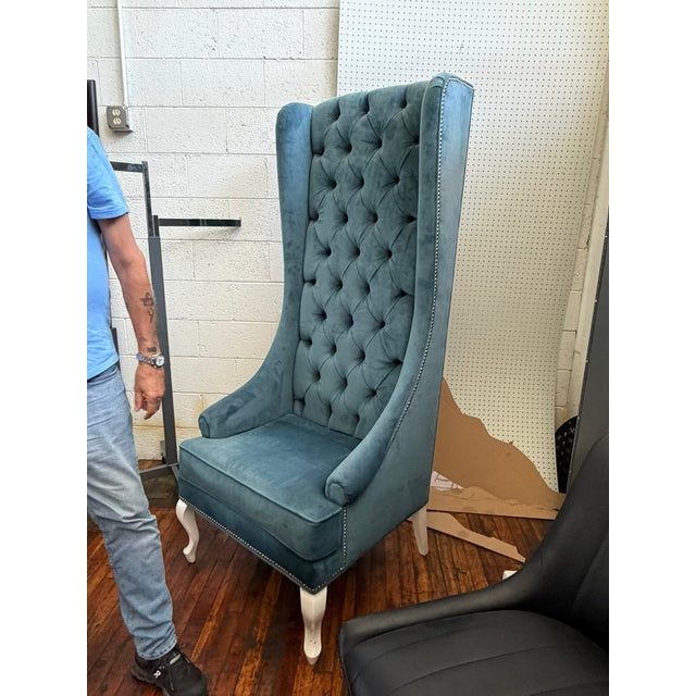 Blue Velvet Wingback Armchair – Tufted High‑Back Accent Chair With Nailhead Trim For Sale In Chicago - Image 6 of 7