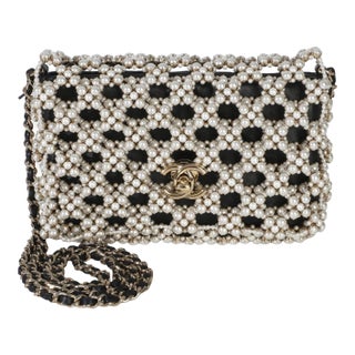 Black Gold Metal Pearl Embellished Mini Flap Bag For Sale